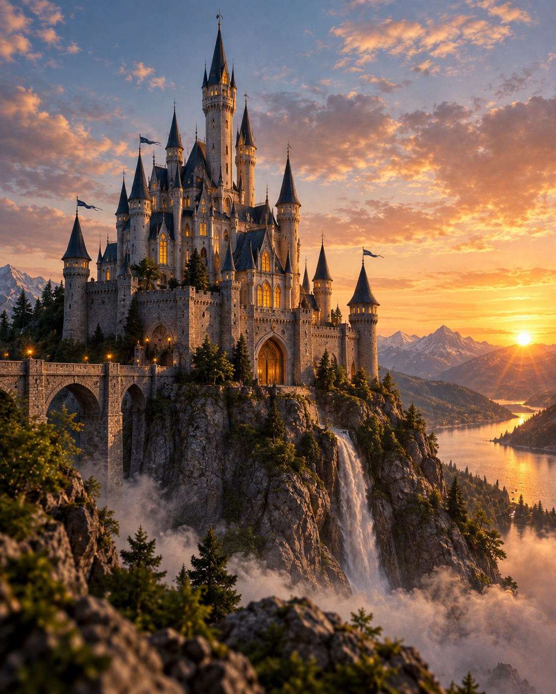 Illuminated fairytale castle at dusk