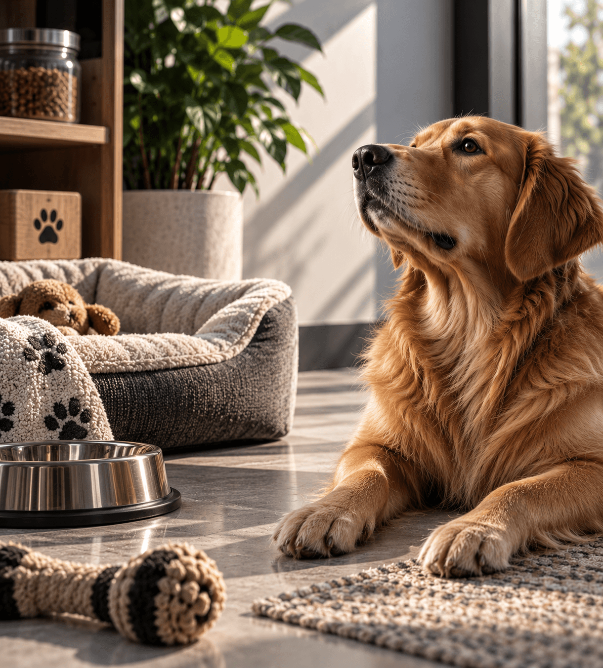 Golden retriever looking upward in soft indoor light