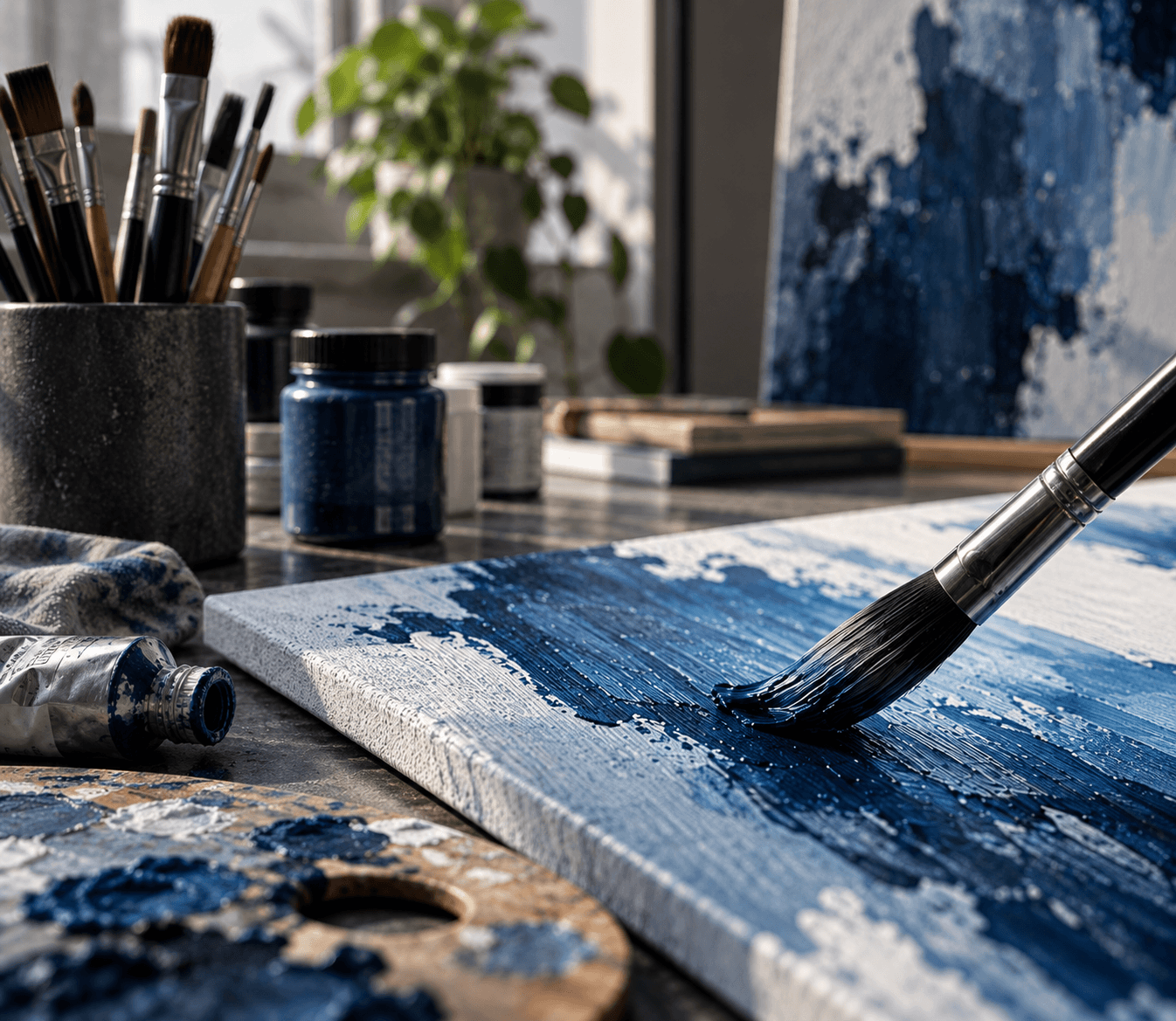Paintbrush dragging blue paint across a canvas
