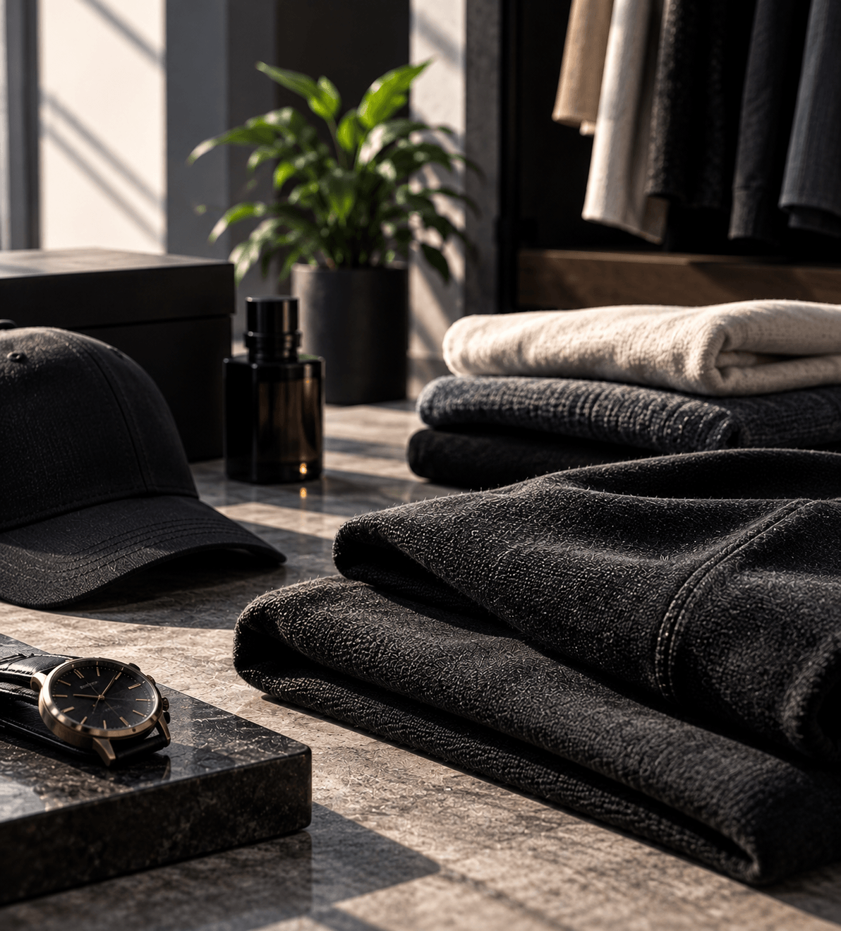 Folded dark apparel with an embroidered logo detail