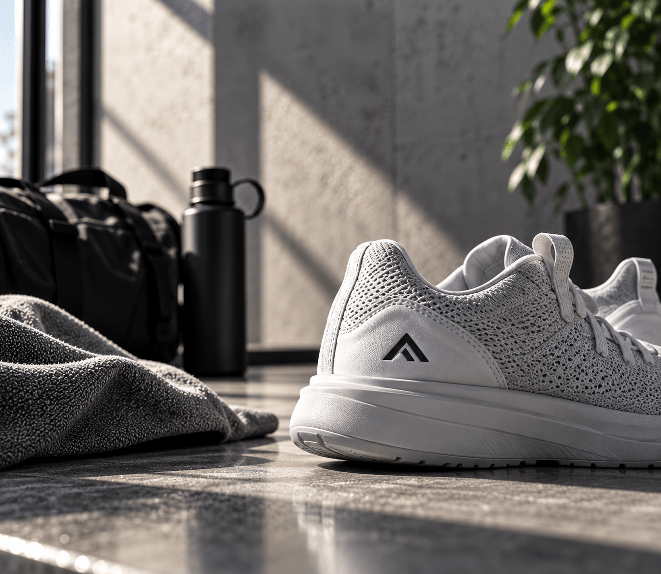 White trainer resting on its packaging against a grey backdrop