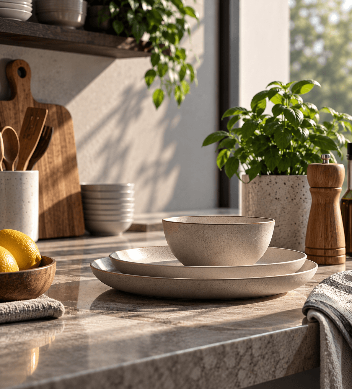 Ceramic plate and bowl styled on a stone countertop