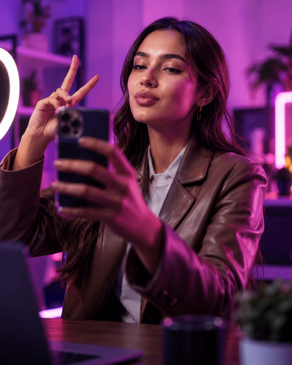 Content creator holding a phone under magenta light