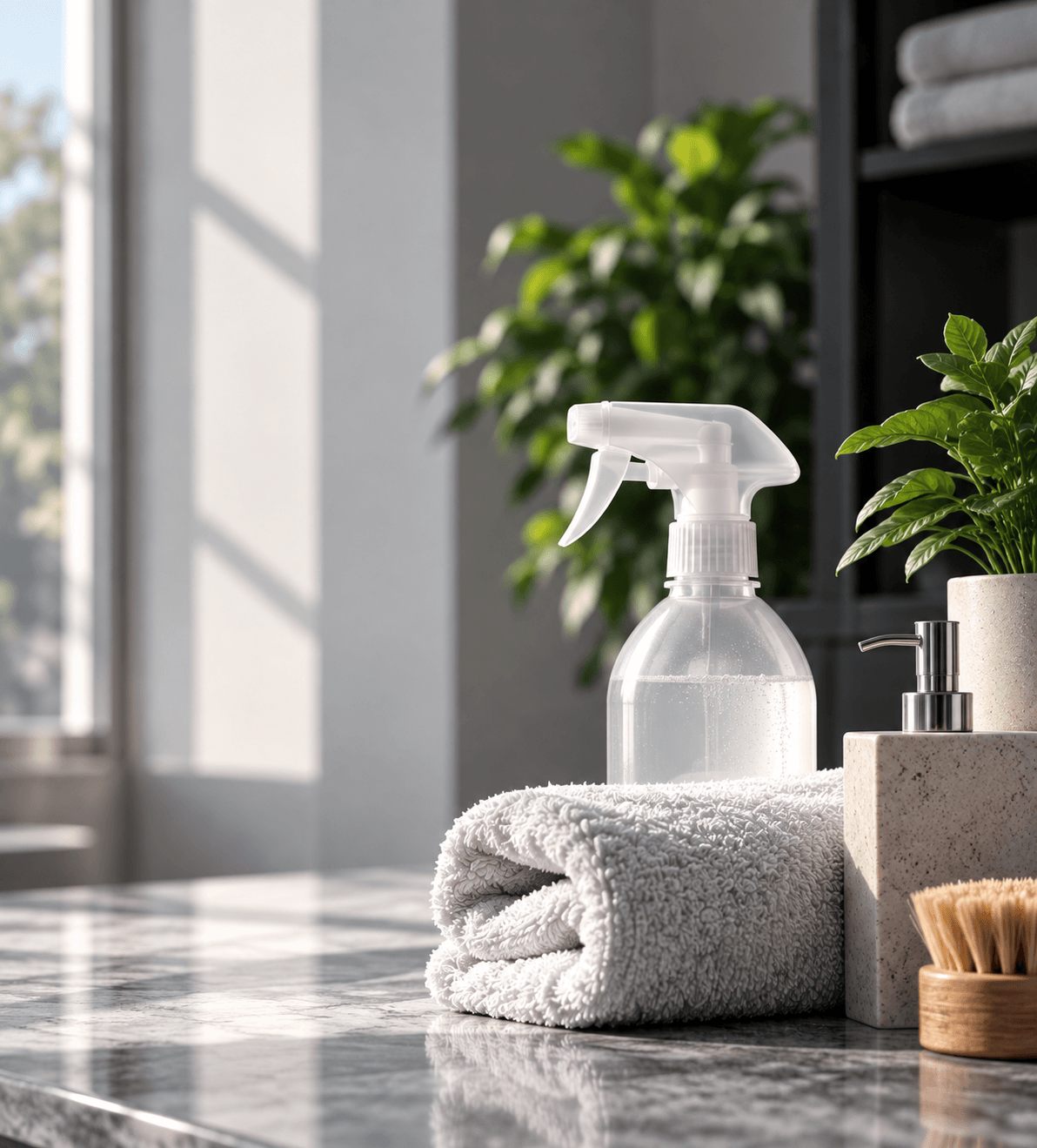 Spray bottle and folded towel on a bathroom counter