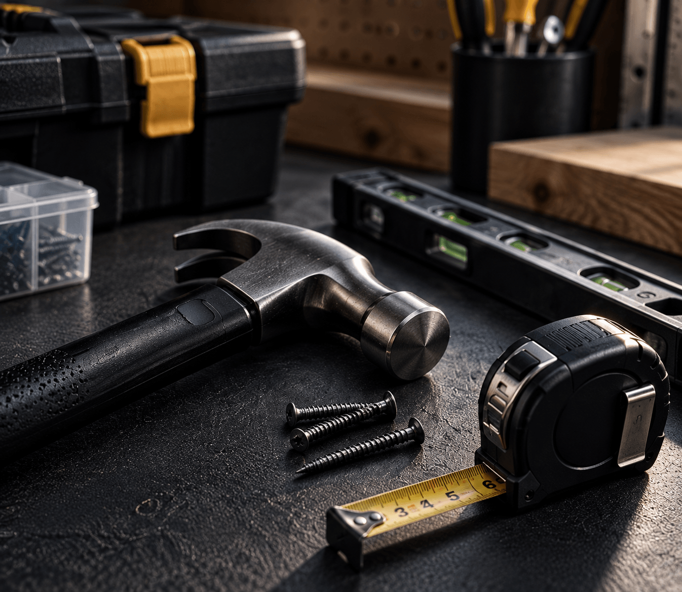 Hammer, tape measure and screws laid out on a dark work surface