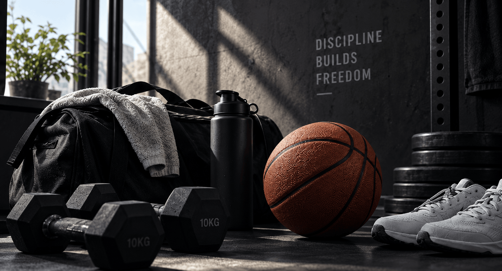 Gym bag, dumbbells, water bottle and a basketball styled on a dark studio floor